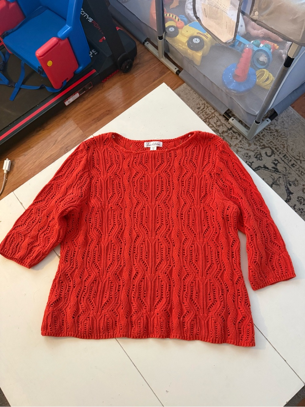 Tradition Tomato Red Orange Knit Openwork Boatneck Sweater Boho Casual Chic - Picture 2 of 5